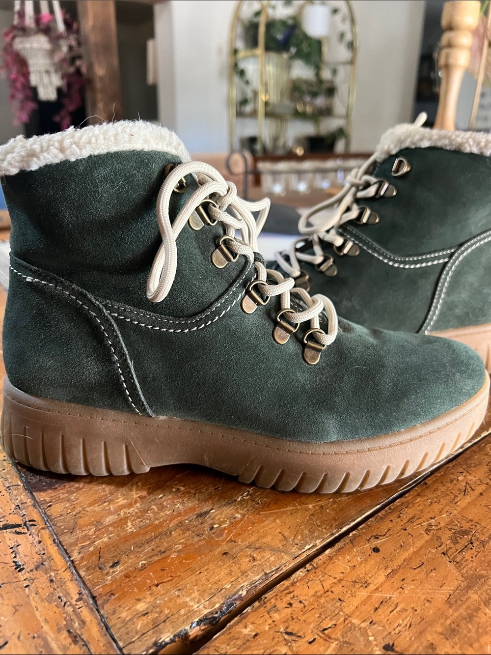 White Mountain leather Dark Green Suede Lace-Up Ankle Boots with Faux Shearling